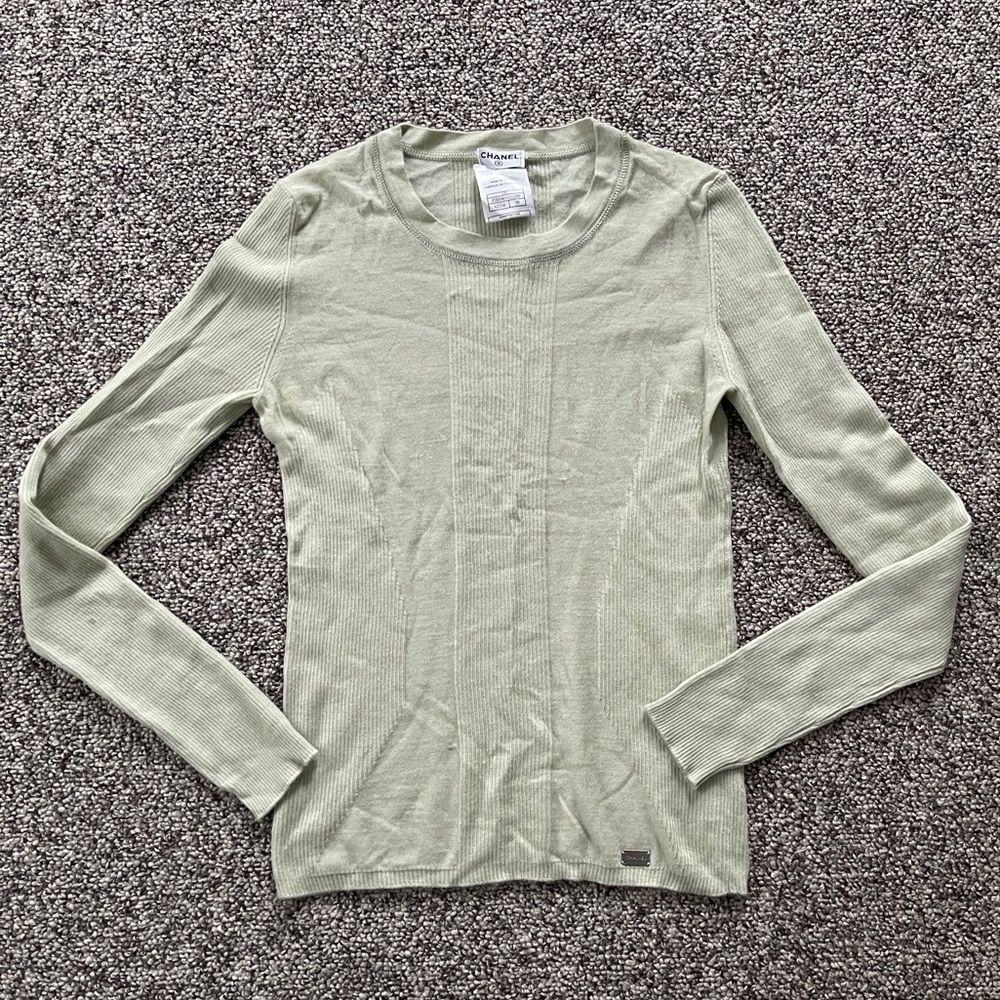 Chanel Cashmere Silk Mint Green Knit Sweater Top 38